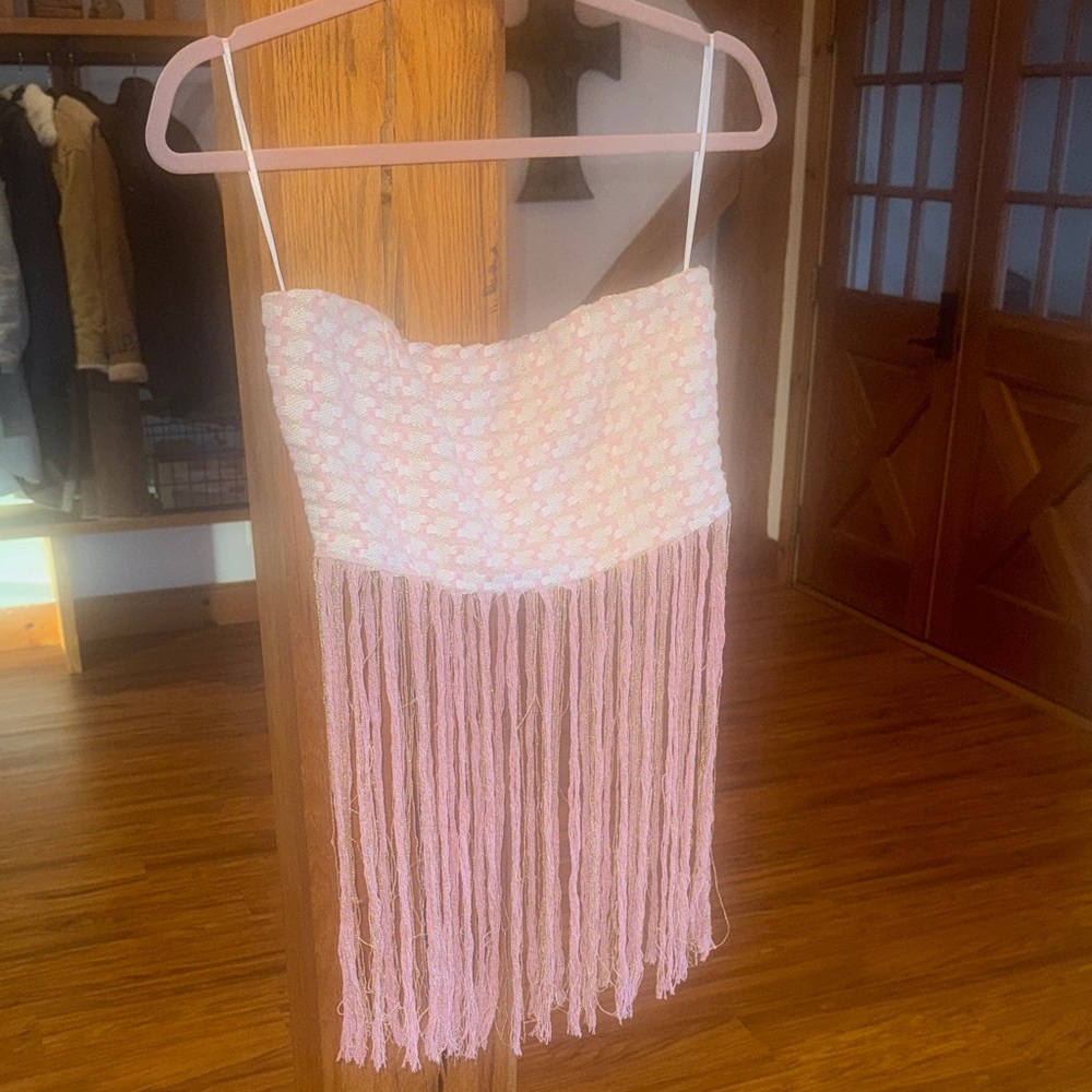 LFD Boutique Strapless Pink Crochet Fringe Tube Top